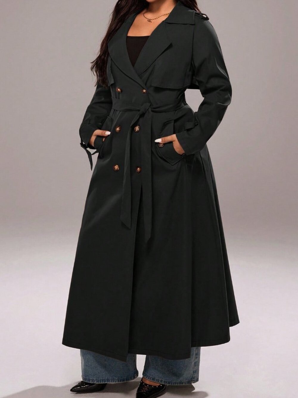 Black Casual Women's Belted Double Button Pocket Trench Coat